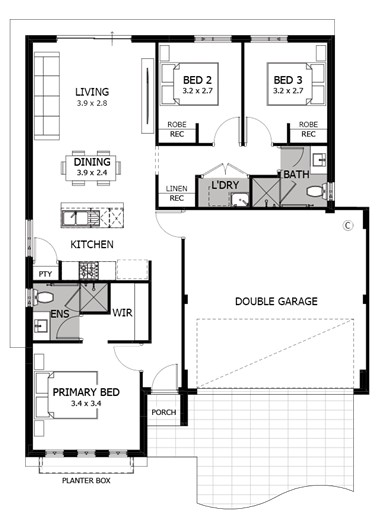 Floor plan for a 2-bedroom house in a house and land package.