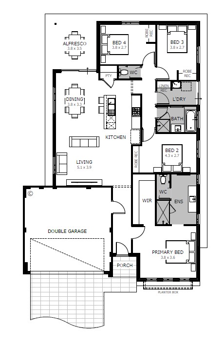Floor plan for a 2-bedroom house in a house and land package.