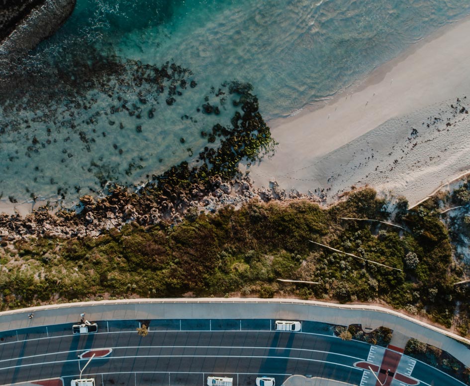 Aerial view of Yanchep beach, showcasing popular things to do in Yanchep